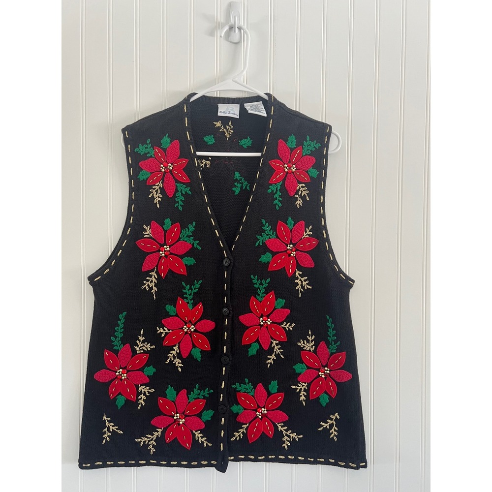 Bobbie Brooks Christmas Sweater Vest Large Black Poinsettia Beaded Holiday - Picture 2 of 8